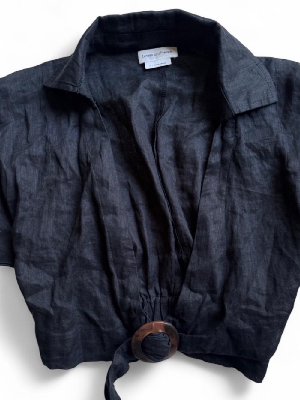 Lovers + Friends XS 100% Linen Navy Blue Top with adjustable Waist Tie